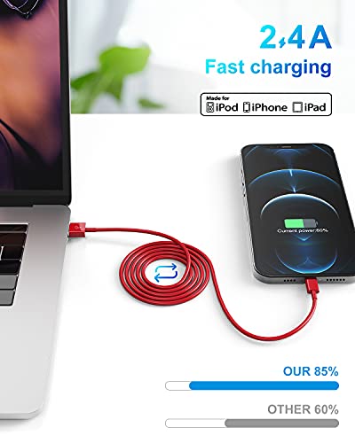 Image of 4Pack [Apple MFi Certified] Lightning Cable 6ft, Apple Lightning to USB Cable 6 Foot, iPhone Charger Cord Fast Charging Cable Compatible Apple iPhone 13 /12 /11 Pro Max Xs X XR 8 7 iPad (Justice Red
