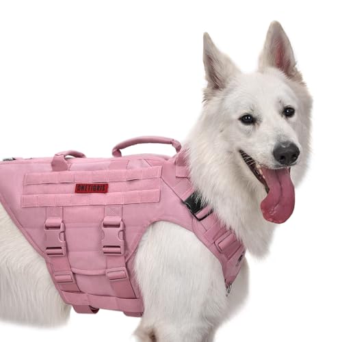 OneTigris Large Tactical Dog Harness, No Pulling Adjustable Dog Vest Harness, Heavy Duty Dog Harness with Handle, Large Hook and Loop Panels for Patch Black(Pink, S)