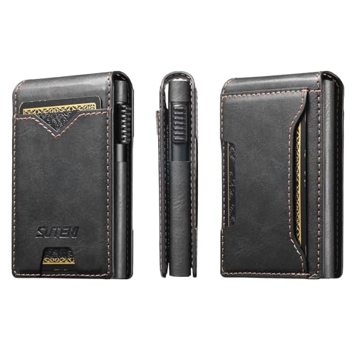 HAII for Slim Metal Slot Leather Wallet for Men, Pop-Up Design, Holds 9 Cards, Minimalist Pocket Wallet (Wax Oil Black)