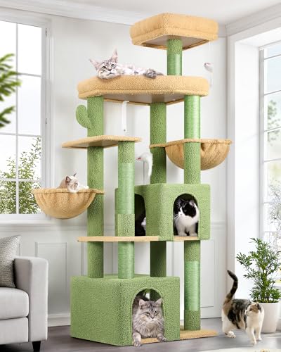 Image of Globlazer Cactus Sturdy Cat Tree for Indoor Cats 20 lbs, S68, Green | 68-inch Large Cat Tower for Adult Big Cats, Heavy Duty Cat Tree with Extra Large Platform, 5 Scratching Post