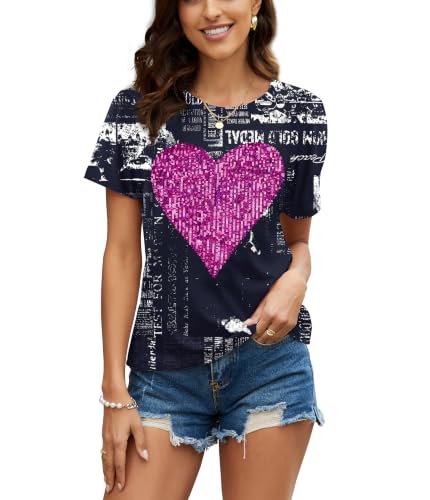 Image of PESION Womens Short Sleeve T-Shirt Sequined Tops O-Neck Funny Graphic Tees Blouse