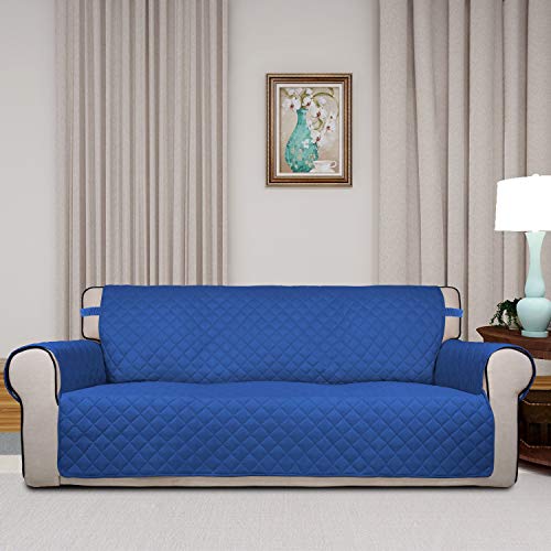 Image of PureFit Reversible Quilted Sofa Cover, Water Resistant Slipcover Furniture Protector, Washable Couch Cover with Non Slip Foam and Elastic Straps for Kids, Pets (X Large, Classic Blue /Ivory)