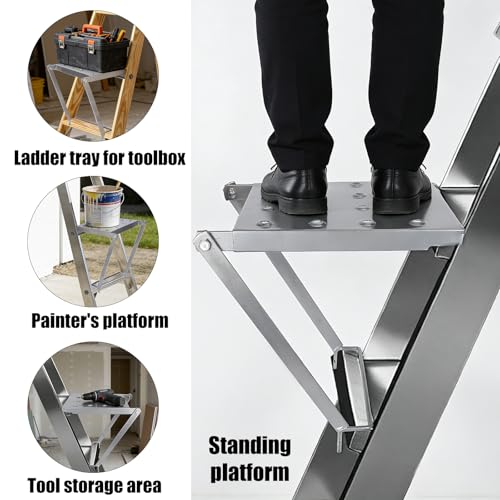 Foldable Ladder Platform, Anti-Slip Stable Work Platform Attachment Tool Tray for Step/Extension Folding Ladders Tool Accessories for Painters & DIY 300 lbs Capacity (Silver) by Penitue - Image 4