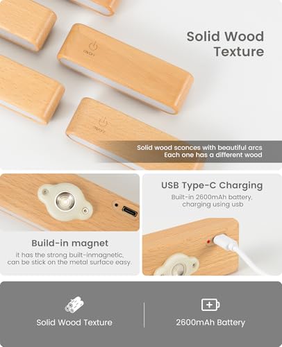 Image of Wood Battery Operated Wall Sconces Set of Two, Magnetic Mini Wall Lights with 360 Rotation and Adjustable Brightness, Stick-On Mount for Bedside, Hallway, Living Room (2Pack Beech Wood)