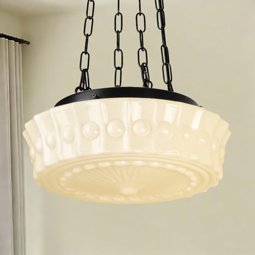 CLARSYNE 13.8" Milk Glass Pendant Light, Vintage Schoolhouse Chandelier, Mid Century Modern Hanging Ceiling Fixture for Kitchen Island, Dining Room, Bedroom, Hallway, Farmhouse Lighting White Lamp