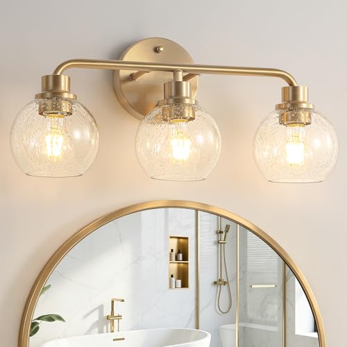 Image of Bathroom Light Fixtures Gold Vanity Light 3 Light Brushed Brass | Wall Sconces Lighting with Seeded Globe Glass Shades Bath Wall Lamp for Mirror Kitchen Living Room Bedroom Hallway