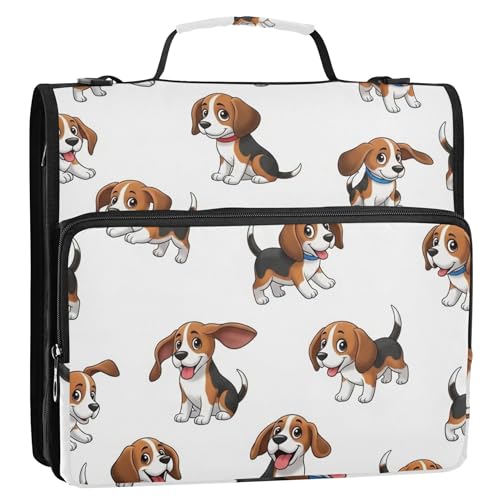3リングバインダー 1.5インチ Dリング かわいい漫画 ビーグル犬 ホワイトバインダー ジッパーオーガナイザー スクールバインダーバッグ ショルダーストラップ付き プロフェッショナルストレージポートフォリオケース ハンドル付き
