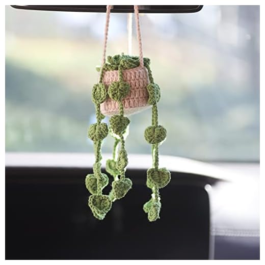 Cute Potted Plants Crochet Car Mirror Hanging Accessories Cute Car Accessories for Women Men Handmade Knitted Rear View Mirror Accessories Car Accessories Interior Aesthetic White
