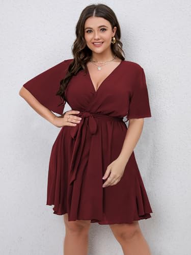 Image of SCOMCHIC Women's Plus Size Summer Dresses Short Sleeve Wrap V Neck A Line Skater Mini Short Dress XL-4XL