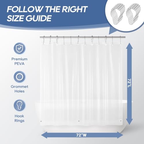 Image of downluxe Clear Shower Curtain Liner with Hooks, Plastic Shower Liner, 72 inch W x 72 inch L Lightweight Shower Curtains for Bathroom(12 Hooks, 1PC)