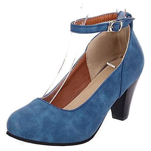 EveKitty Women Fashion Court Shoes Ankle Strap Pumps Shoes Round Toe Block Heel Dress Shoes Blue Size 45Asian Cover