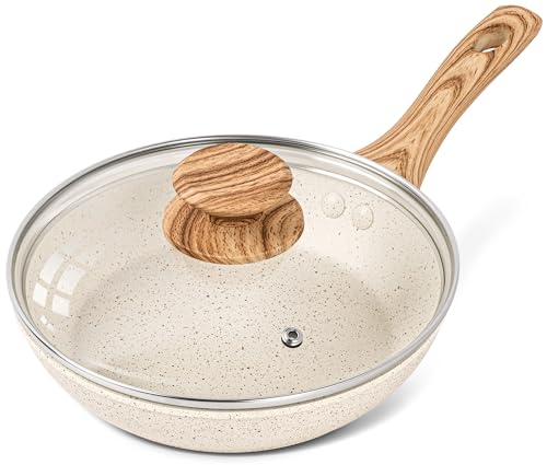 Image of Michelangelo Frying Pan Non Stick 20cm, Frying Pan 20cm with Bakelite Handle, Small Frying Pan with Lid Stone-Derived, White Granite Frying Pan with Lid 20cm