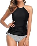 Holipick Black Striped Tankini Swimsuits for Women Halter High Neck Swim Tank Top with Shorts Tummy...