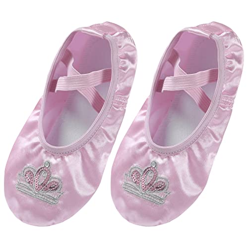 Girls Kids Sequins Dance Ballet Shoes Slipper for Ballerina Ballroom Gymnastic Practice Pink Crown 28