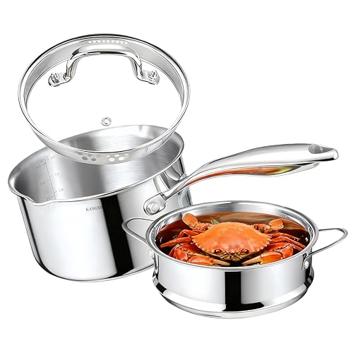KANGXW 4QT Stainless Steel Saucepan with Steamer & Glass Lid, All Cooktops