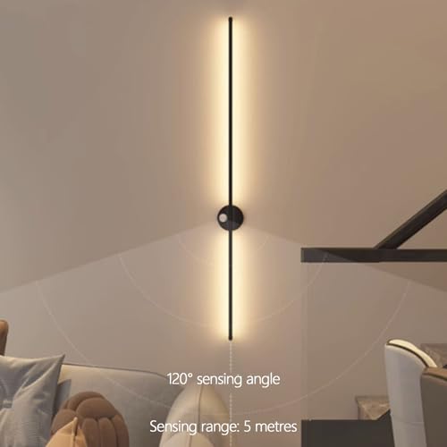 Lámpara de pared recargable USB con sensor de movimiento aplique LED largo de aluminio negro 4