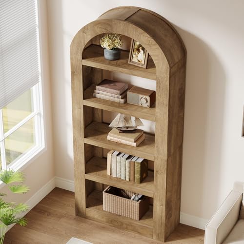 Image of Tribesigns 70.9'' Tall Arched Bookshelf with Storage, 5-Tier Wooden Open Bookcase Display Shelves Organizer for Living Room, Bedroom, Library, or Office, Natural, 2PC