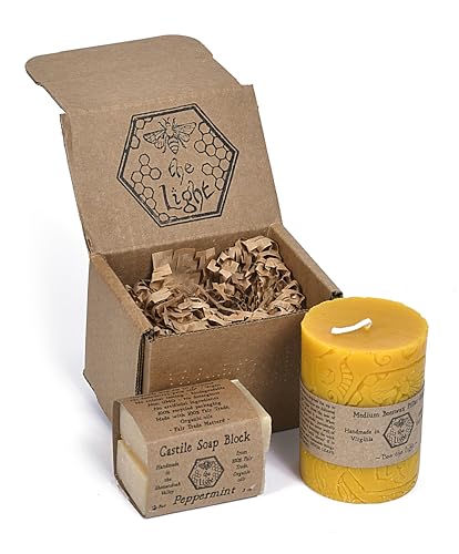 Bee The Light Beeswax Candle and Castile Soap Gift Box - Choose from Small, Medium, or Large - Essential Oil Scented Bar and Liquid Soaps - Tapers, Pillars, Jars and Votives (Small)