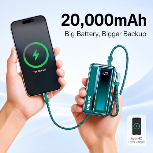Image of Philips DLP2721NC /94 20000mAh 45W Fast Charging Power Bank with Built-in Type-C Cable (Chrystal Teal) | Digital LED Display | Lithium Polymer | 2 Type-C & USB-A | Pocket Size | Travel-Friendly