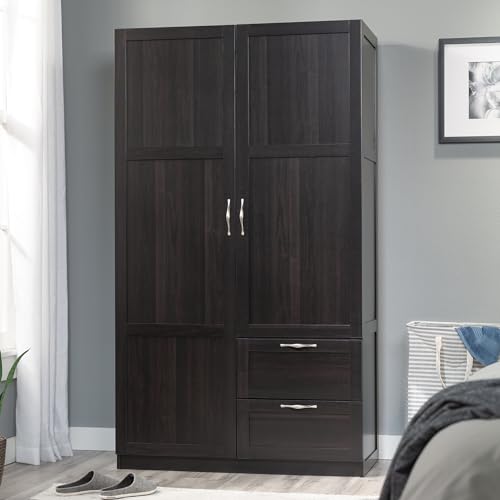 Image of Sauder Select Multipurpose Bedroom Armoire Wardrobe Closet Pantry Storage Cabinet with Storage Drawers and Hanging Rail, in Cinnamon Cherry