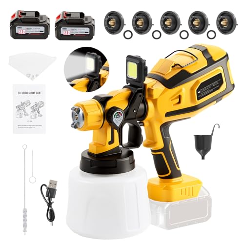 Cordless Paint Sprayer with 21V Battery HVLP Spray Gun with 1400ML Container 1200ml/min 5 Nozzles & 3 Patterns Adjustable Flow 2x4000mAh Batteries for Furniture Walls Fence & DIY Yellow