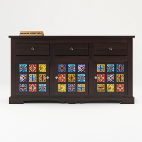 Image of Solid Sheesham Wood Wooden Sideboards & Chest of Drawer with 3 Drawers and 6 Shelves for Living Room or Bedroom Storage (Emboss, Walnut Finish)