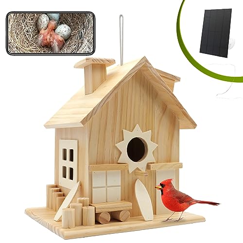 Intoo Lifes Bird House with Camera Solar - Birdhouse Camera for Outside Hanging Wooden ：2K HD Wireless Bird House Camera for Outdoors - Decorative Box Gift for Bluebird Cardinal Mother's Day