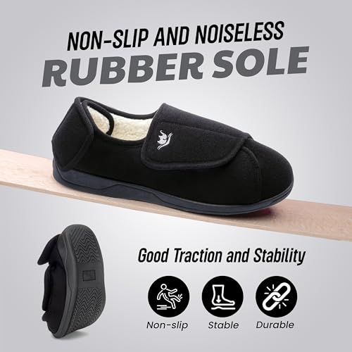 Image of Mens Extra Wide Width Diabetic Slippers Memory Foam With Adjustable Soft Non-Slip Orthopedic House Shoes for Elderly Swollen Feet, Arthritis, Edema