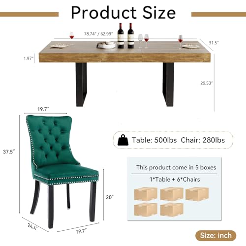 Image of 63 inch-78.74 inch Brown Extendable Dining Room Table Set for 6, 7-Piece Dining Table Set with 6 Upholstered Chairs, Rectangle Wooden Expanding Kitchen Table and Green Chairs Set