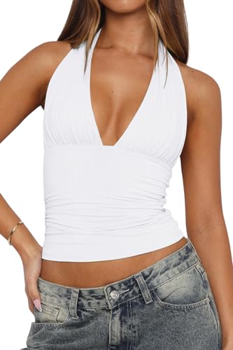 LCNBA Womens Sexy Backless Tie Up Halter Crop Top Deep V Neck Going Out Tops White Large