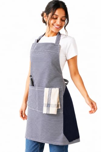 Image of Kitchen Apron - 100% Cotton, Adjustable Neck strap, Large Pocket - Unisex Apron for Men & Women - Cooking, Baking, BBQ, Gardening - Solid Colours, Striped and Checkered Patterns