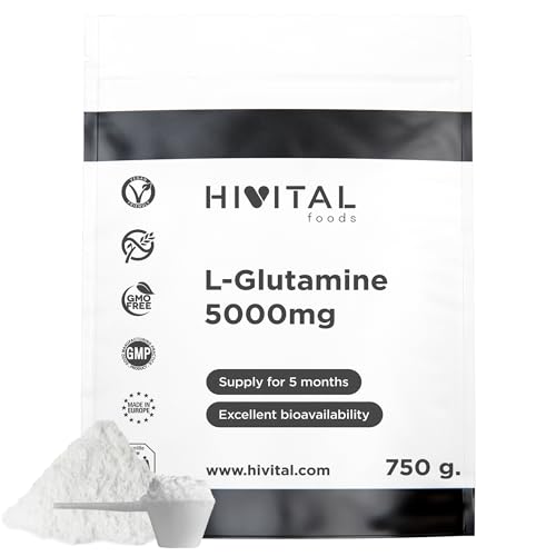 L-Glutamina 5000 mg para 5 meses de tratamiento. 750 gramos del Aminoácido Glutamina, 100% Vegano, en Polvo y Sin Sabor. Fabricado en España por HIVITAL