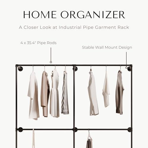 Industrial Pipe Clothing Rack, Heavy Duty Wall Mounted Clothes Rack, Retail Display Hanging Garment Rod for Laundry Rooms, Closet Storage, 14.6x75x82.7 Inches, Model K03