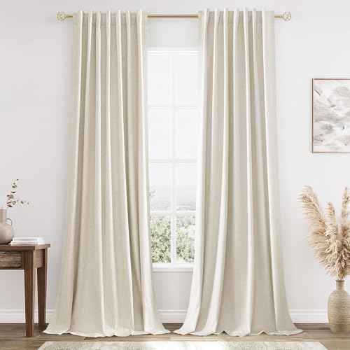 Guken 100% Blackout Linen Curtains 84 Inch Length 2 Panels Set for Living Room Bedroom Back Tab Thermal Insulated Black Out Drapes Room Darkening Farmhouse Style for Bedroom Window Curtains 52x84