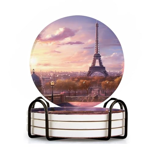 CZHEZEE コースター セラミック製 4枚セット 丸型 滑り止め コルク裏面 家庭用 収納ラック付き 直径10cm カップマット ロマンチックなパリのエッフェル塔フランスの夕日スタイル