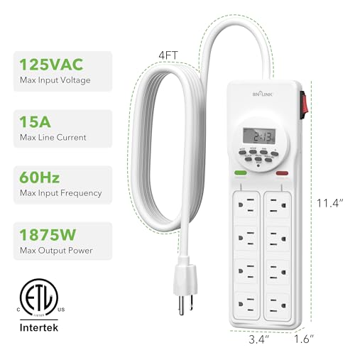 BN-LINK 8-Outlet Surge Protector with 7-Day Timer (4 Timed, 4 Always On) - White