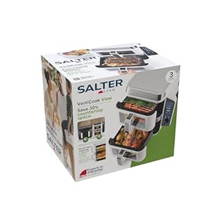 Salter VertiCook View Air Fryer - Vertikale Doppelschublade, Kochen auf 4 Ebenen, XL 9L Kapazität - 2 x 4.5L Körbe, 2 Schubladen & 2 Roste, Platzsparend, 12 Funktionen, Sync & Match, PFAS-frei, Weiß