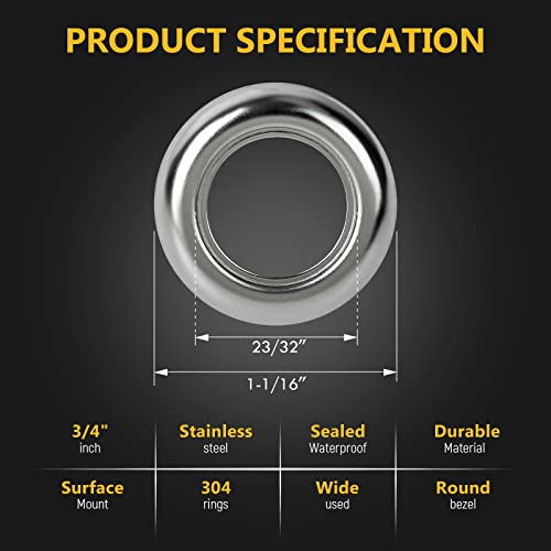 Premarker 100Pcs 3/4" Inch Round Stainless Steel Ring Trim Bezel For 3/4" Round Marker Clearance Lights, Mini 3/4In Bullet Side Marker 304 Chrome Bezel Cover Button Surface Mount, Pack Of 100 #TOP1