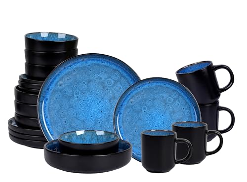 Home VSS, Euro-Nordic Stoneware 20pc Dinnerware Set, Reactive Glaze Bubble Blue