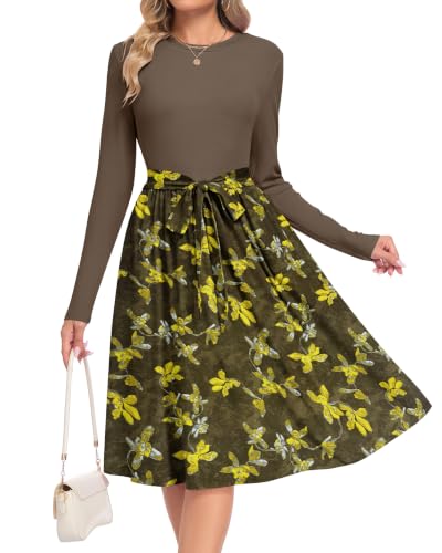 AUSELILY Damen Kleid Langarm Knielang Taillenband