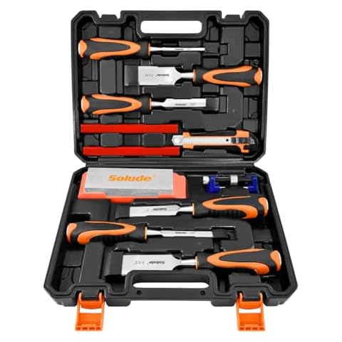 SOLUDE 11Pcs Wood Carving Chisel Set,Heated Treated Cr-V Woodworking Chisels Tool Kit with Sharpening Stone,Honing Guide,Carpenter Pencils Cover