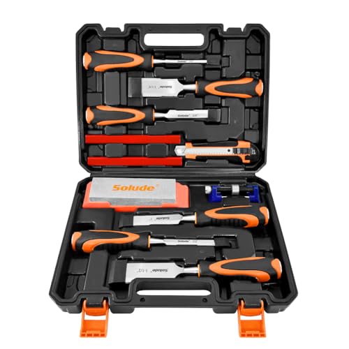 SOLUDE 11Pcs Wood Carving Chisel Set,Heated Treated Cr-V Woodworking Chisels Tool Kit with Sharpening Stone,Honing Guide,Carpenter Pencils
