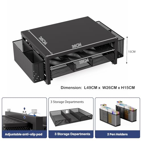 Metal Monitor Stand Riser with Drawer & 2 Pen Holders Storage for Desktop,2 Tier Computer Desk Organizer Stand for Laptop, Computer, iMac(Black) image 2