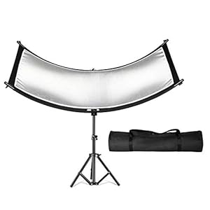 Clamshell Light Reflector Diffuser, 71″x24″ /180x60cm Arclight Curved Lighting Reflector, Black, White, Gold, Silver with 28″ /70cm Light Stand, Carry Bag for Photography Portrait Studio Shoot