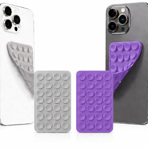 Image of GooseBox Suction Phone Case, Silicone Suction Phone Case for Hands-Free Mobile Accessory Holder Grip, Video Phone Accessory Compatible Mirror, Shower (Grey & Purple, Pack of 2)
