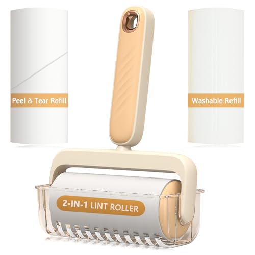 2-in-1 Lint Roller for Pet Hair, Washable Reusable Lint Rollers Value Set, Dog Cat Pet Hair Remover Cleaner for Clothes, Sofa, Couch & Carpet, Portable 100 Sheets Sticky Lint Roller Refill