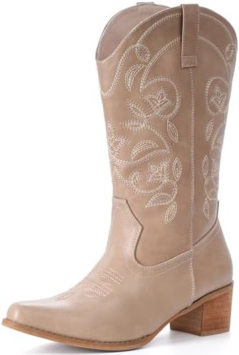 IXU Cowboy Boots For Women Wide Calf Pointy Toe Cowgirl Boots Mid Calf Western Boots
