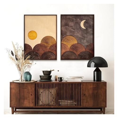 Peinture sur toile soleil et lune lot de 2 décorations murales modernes 50x70cm