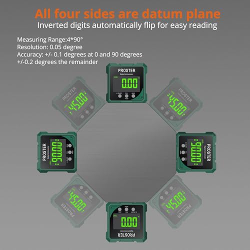Miniatura 6 de Proster Inclinometro Digital Con Láser Verde Caja De Nivel Digital Con Magnético Fuerte De 4 Lados Buscador De Ángulos Recargable Con Retención De Datos Y 2 Modos De Medición Para Carpintería Diy