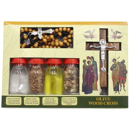 Blessing Kit Rosary Beads Holy Water Bottle Holy Oil & Crucifix Wall Cross - Sacred Jerusalem Treasures
